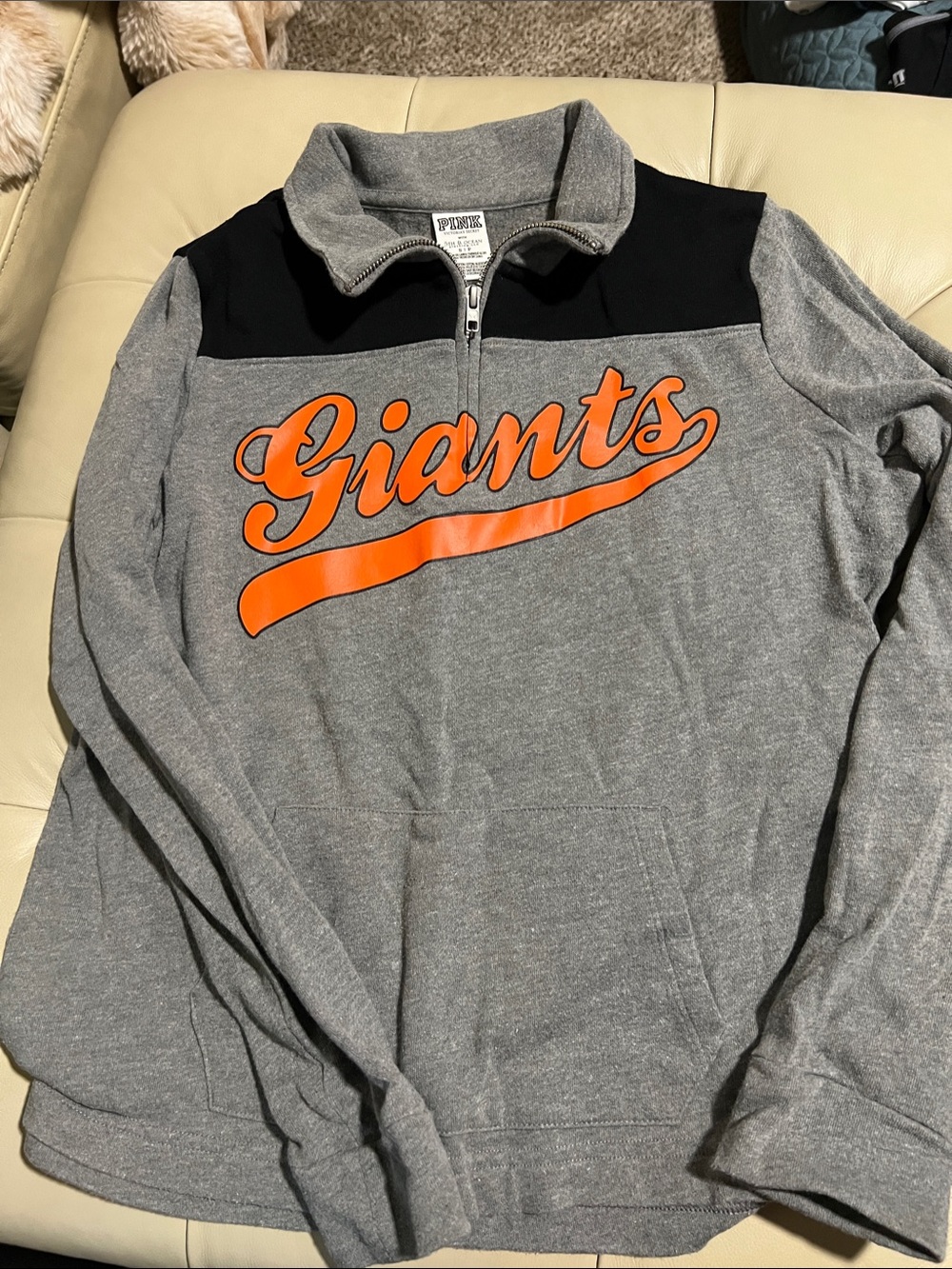 PINK Victoria's Secret Gray & Black Quarter-Zip with Orange 'Giants' Script